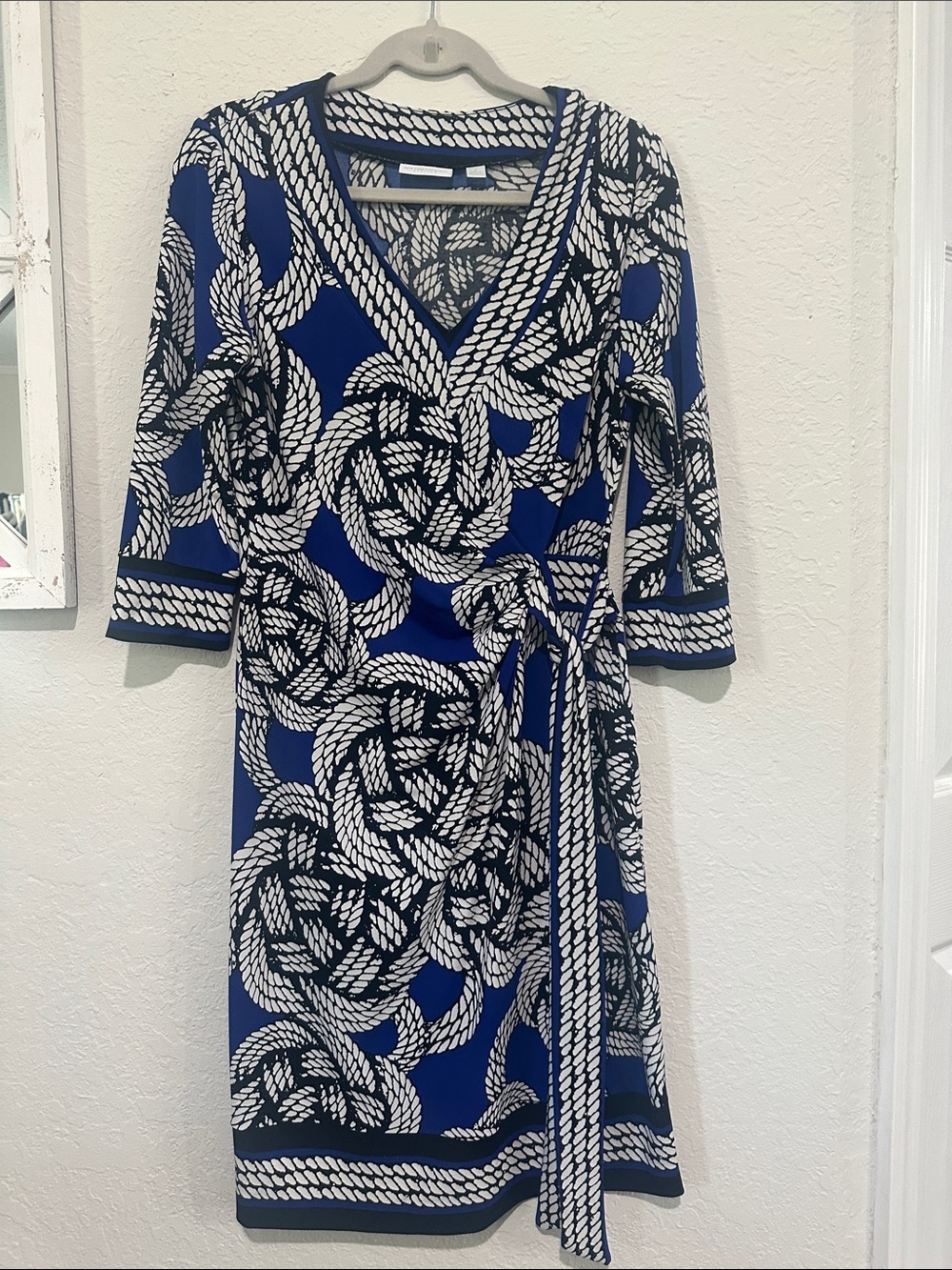 New York & Company Royal Blue and White Rope-Print Wrap Midi Dress